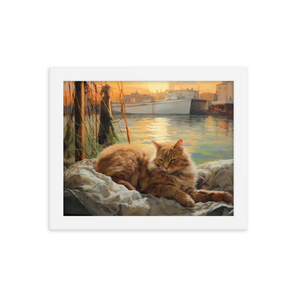 Cat Lounging at Seaside Harbor Framed Poster - Oh Posters