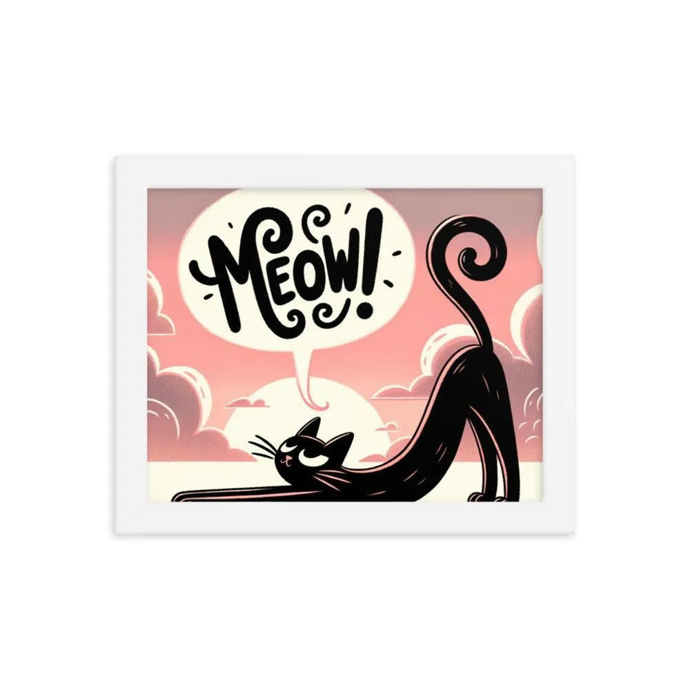 Cat Stretching Saying Meow at Sunset Framed Poster - Oh Posters