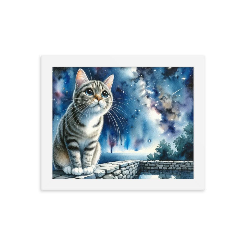 Cat on Wall under Starry Sky - Mystical Framed Poster - Oh Posters