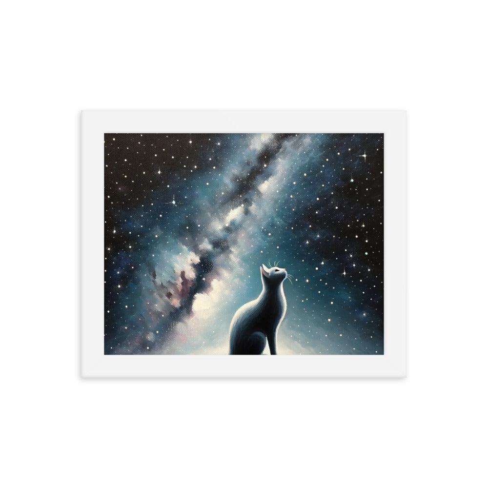 Cat on Hill Gazing at Moonlit Milky Way - Celestial Framed Poster - Oh Posters