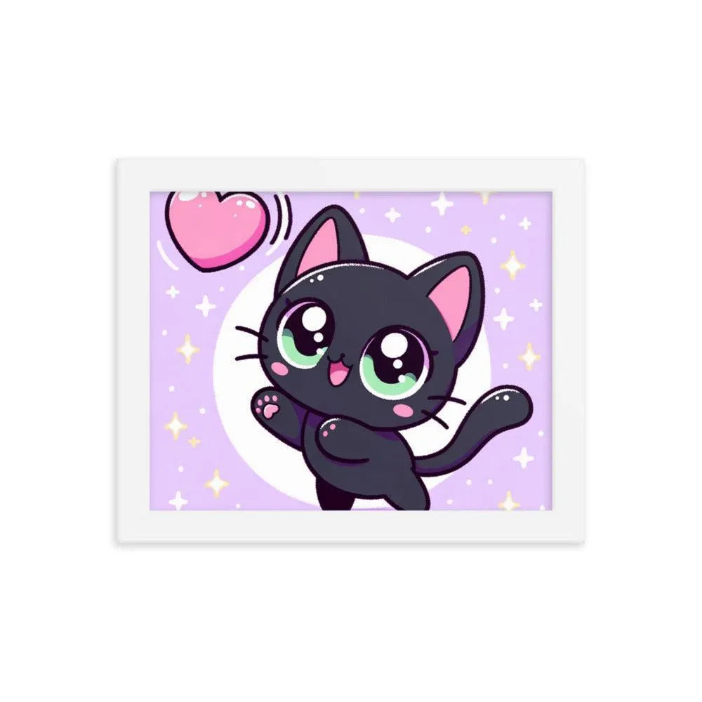 Kawaii Black Cat Heart Balloon Cute Illustration Framed Poster - Oh Posters