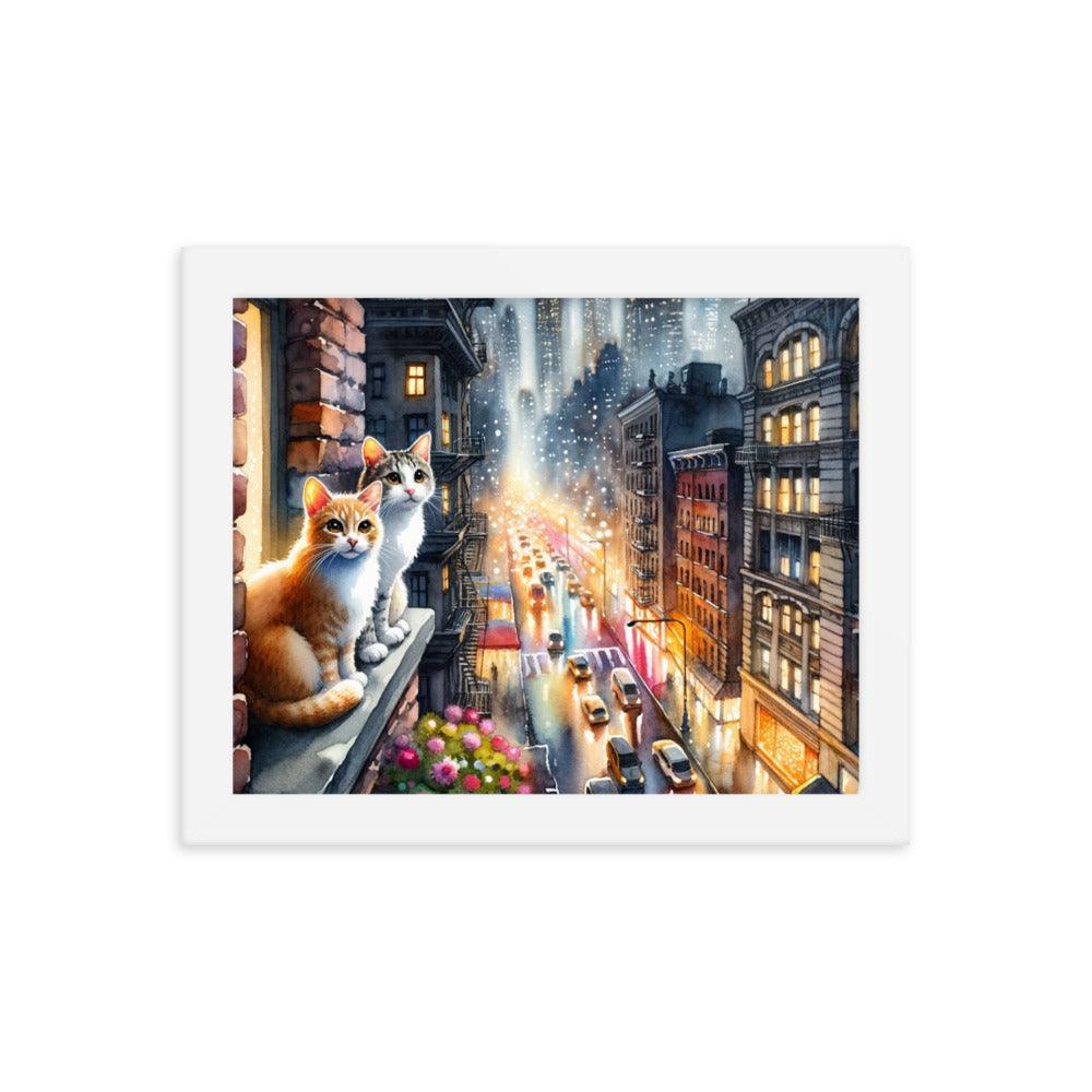 Cats on Windowsill Observing City Lights - Urban & Expressive Framed Poster - Oh Posters