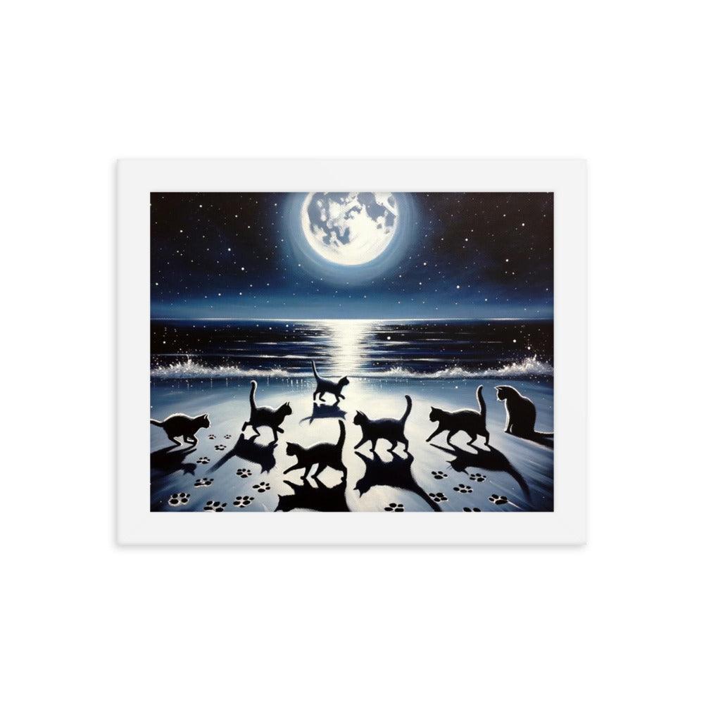 Cats Playing Tag on Moonlit Beach - Magical & Playful Framed Poster - Oh Posters