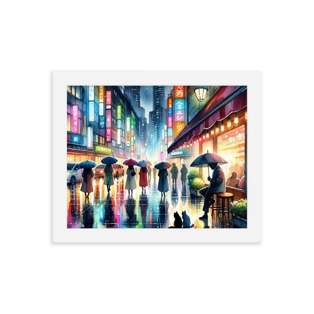 Cats Under Cafe Awning on Rainy City Evening - Atmospheric & Urban Framed Poster - Oh Posters