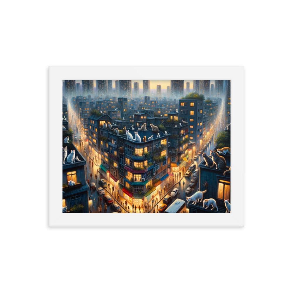 Cats' Twilight Cityscape Magical Glow Art Framed Poster - Oh Posters