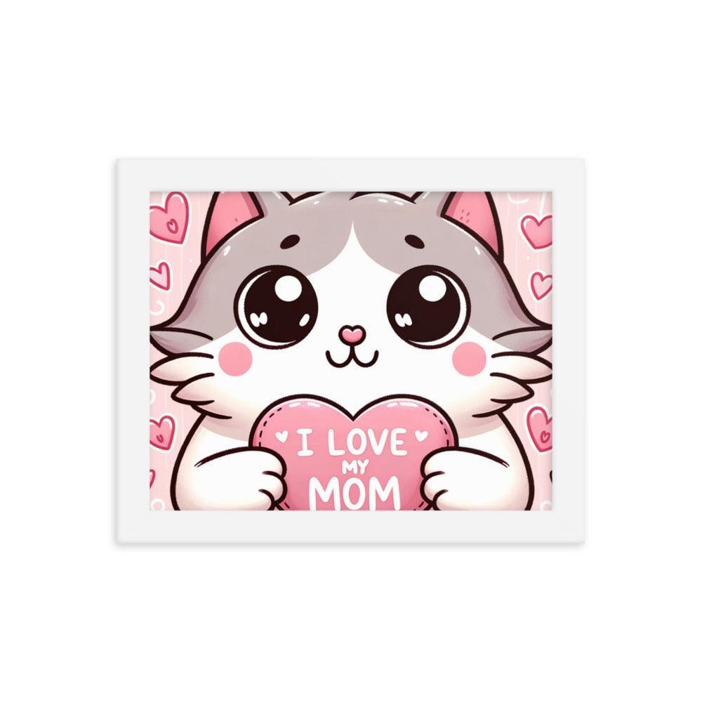 Cat Holding 'I Love My Mom' Sign on Lavender Heart Backdrop - Affectionate & Playful Framed Poster - Oh Posters