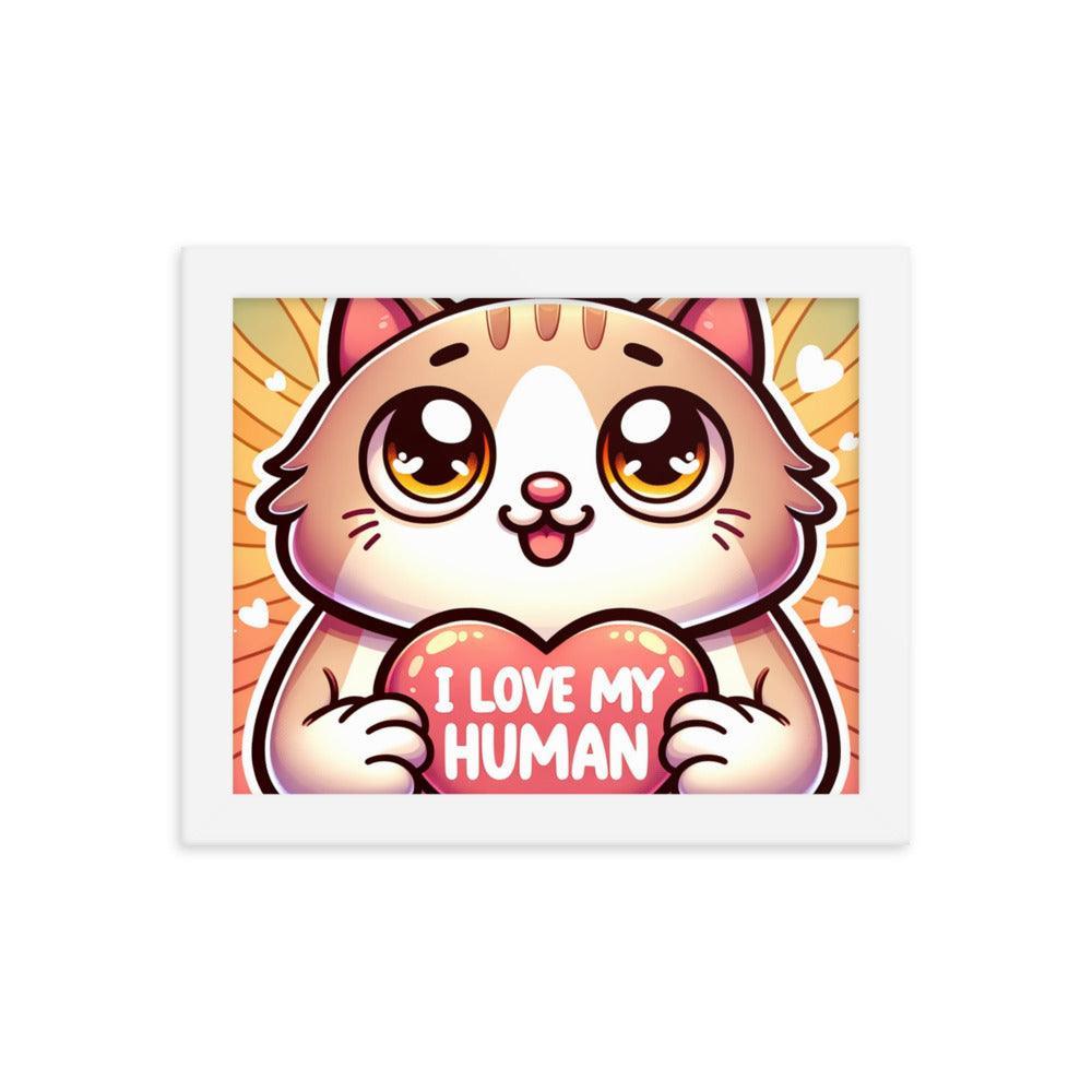 Cat with 'I Love My Human' Heart Sign on Warm Gradient - Affectionate Framed Poster - Oh Posters