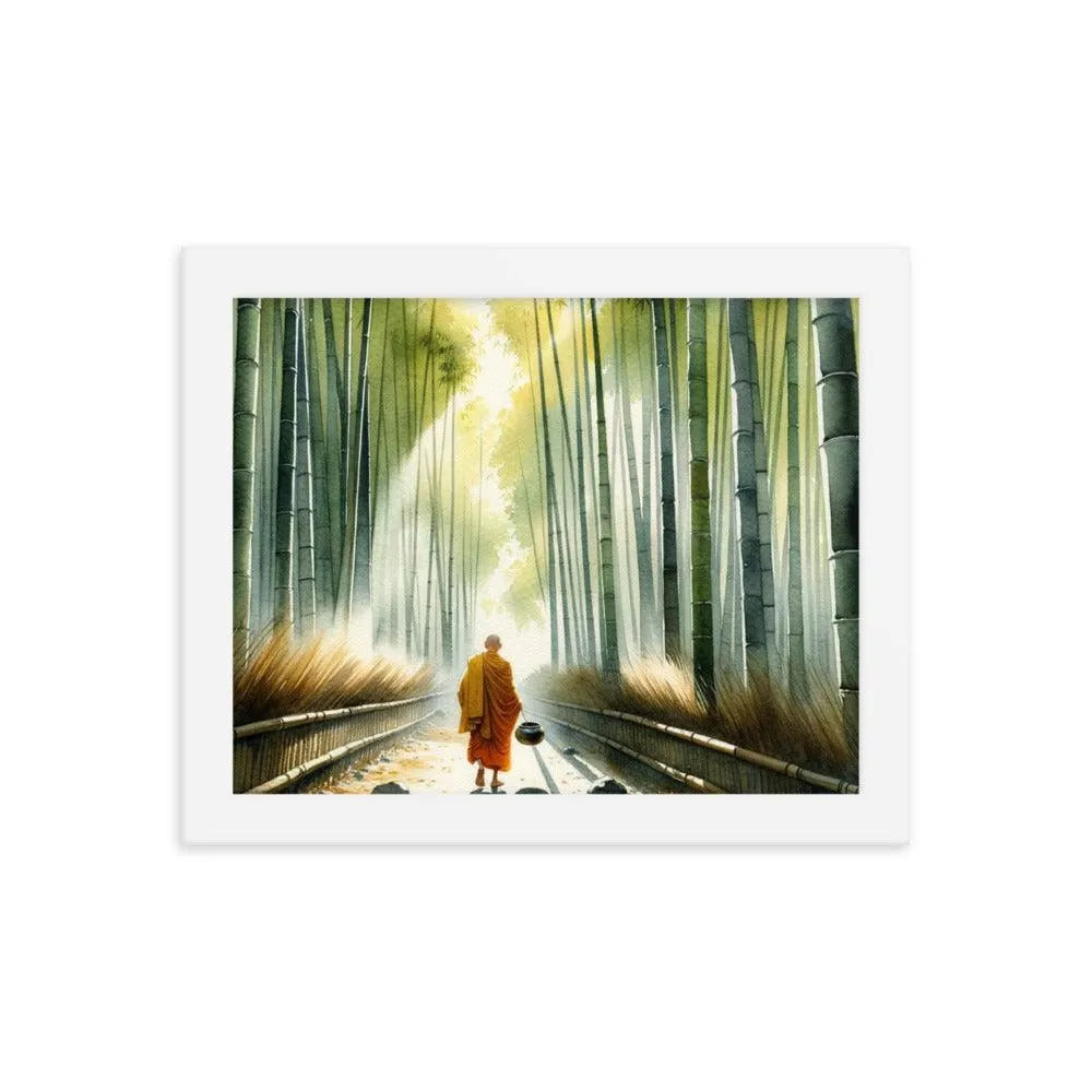 Monk in Bamboo Forest Collecting Dew - Serene Morning Reverie Framed Poster - Oh Posters