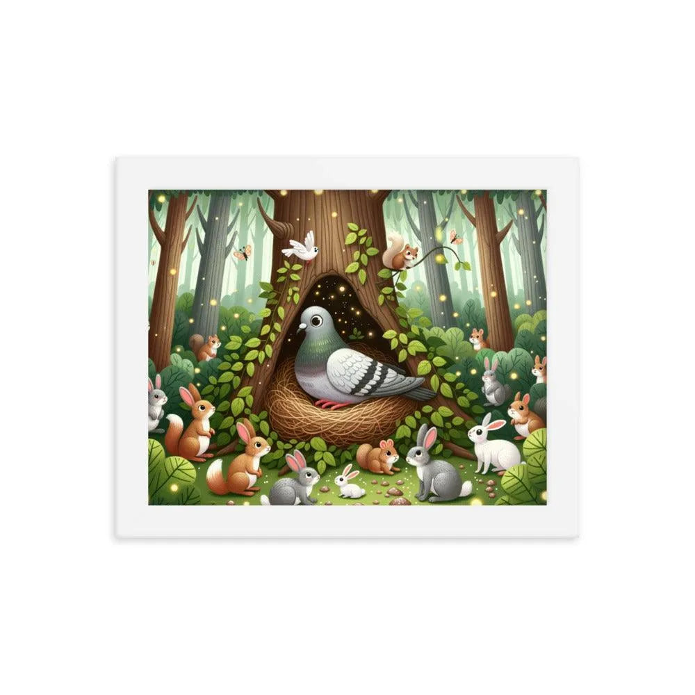 Pigeon in Forest Tree Hollow with Curious Creatures - Whimsical Woodland Framed Poster - Oh Posters