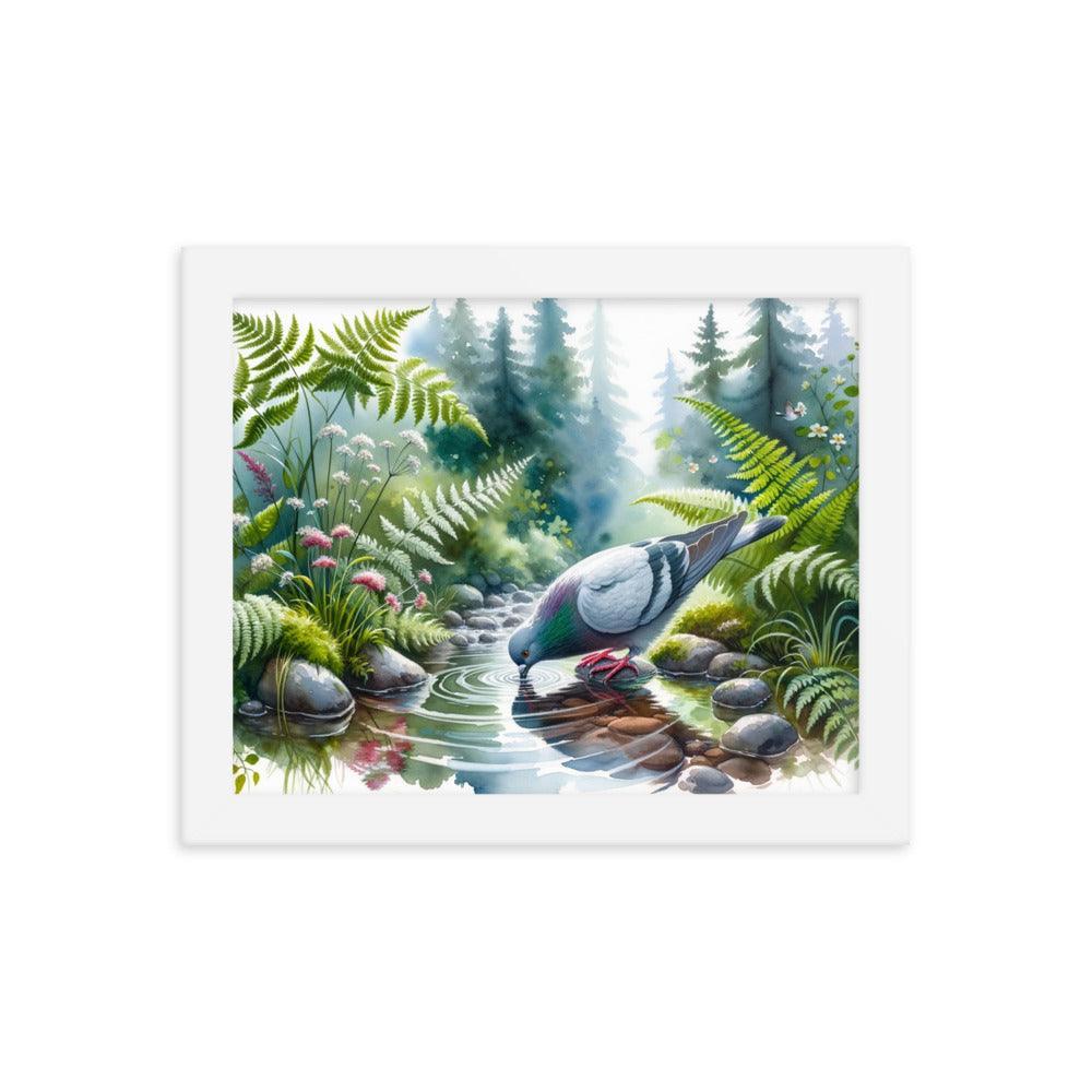 Pigeon Drinking from Forest Stream Art Framed Poster - Oh Posters