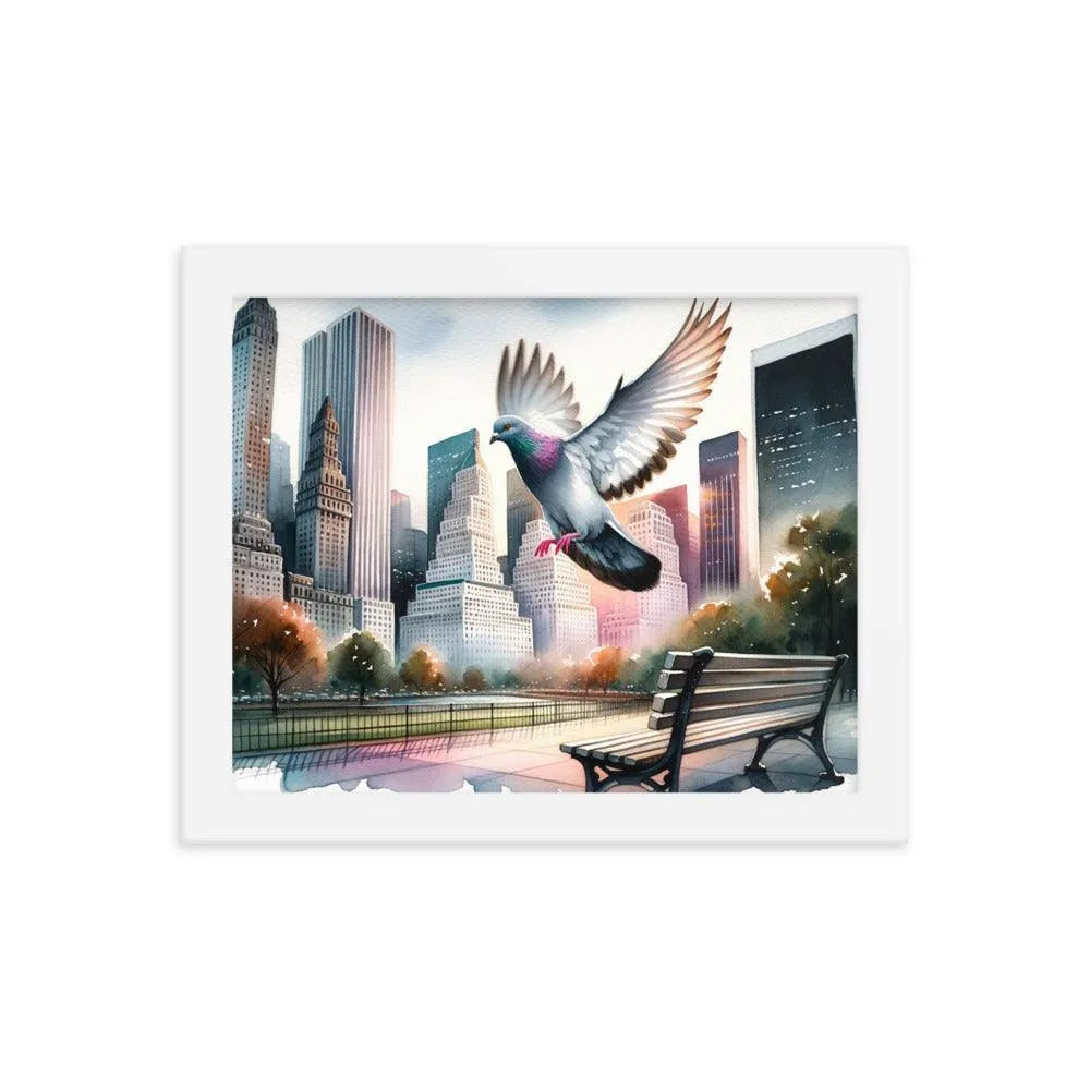 Urban Pigeon Over City Park Watercolor Illustration Framed Poster - Oh Posters