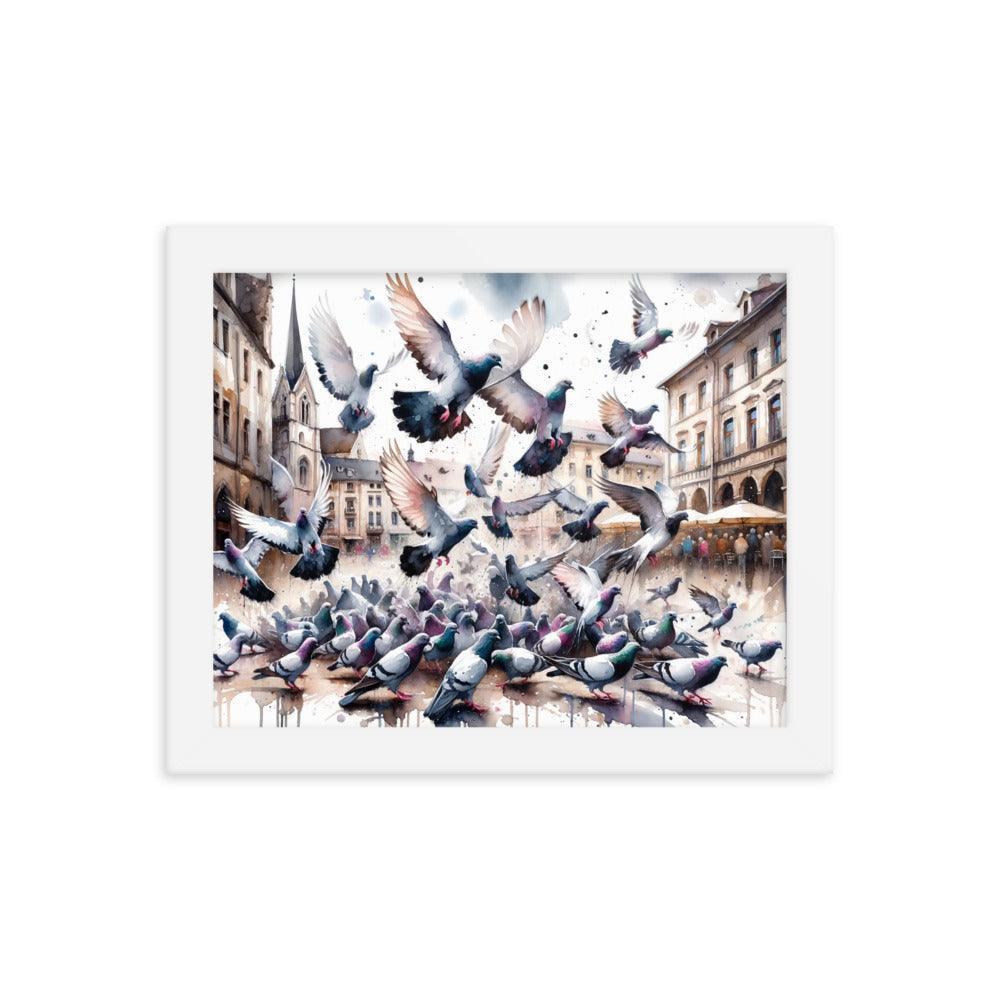 Pigeon Flock Dynamic Watercolor Cityscape Framed Poster - Oh Posters