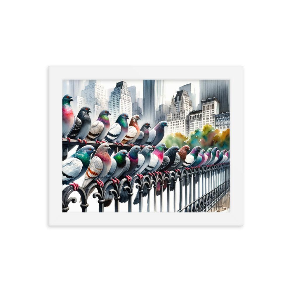 City Pigeons Flock Watercolor Skyline View Framed Poster - Oh Posters