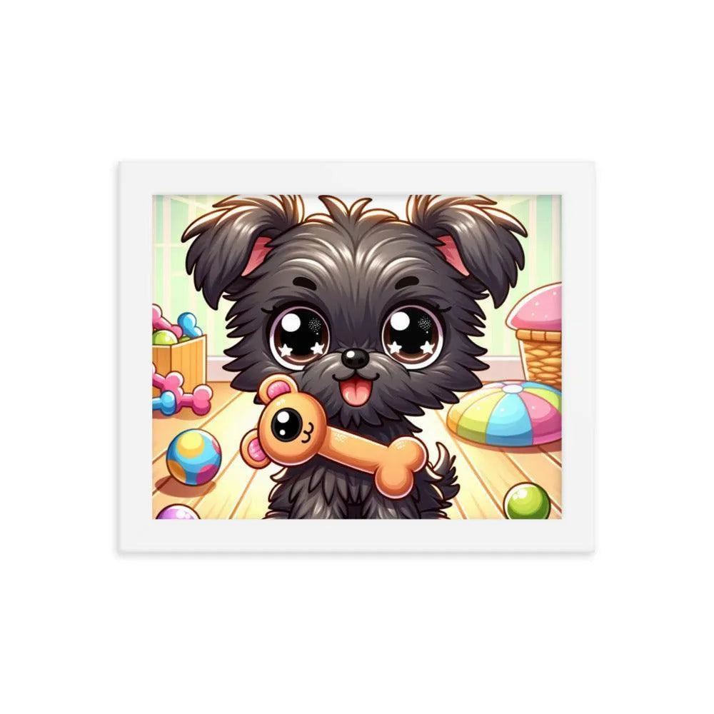 Cute Affenpinscher Puppy with Toy - Playful Charm in Cartoon Framed Poster - Oh Posters