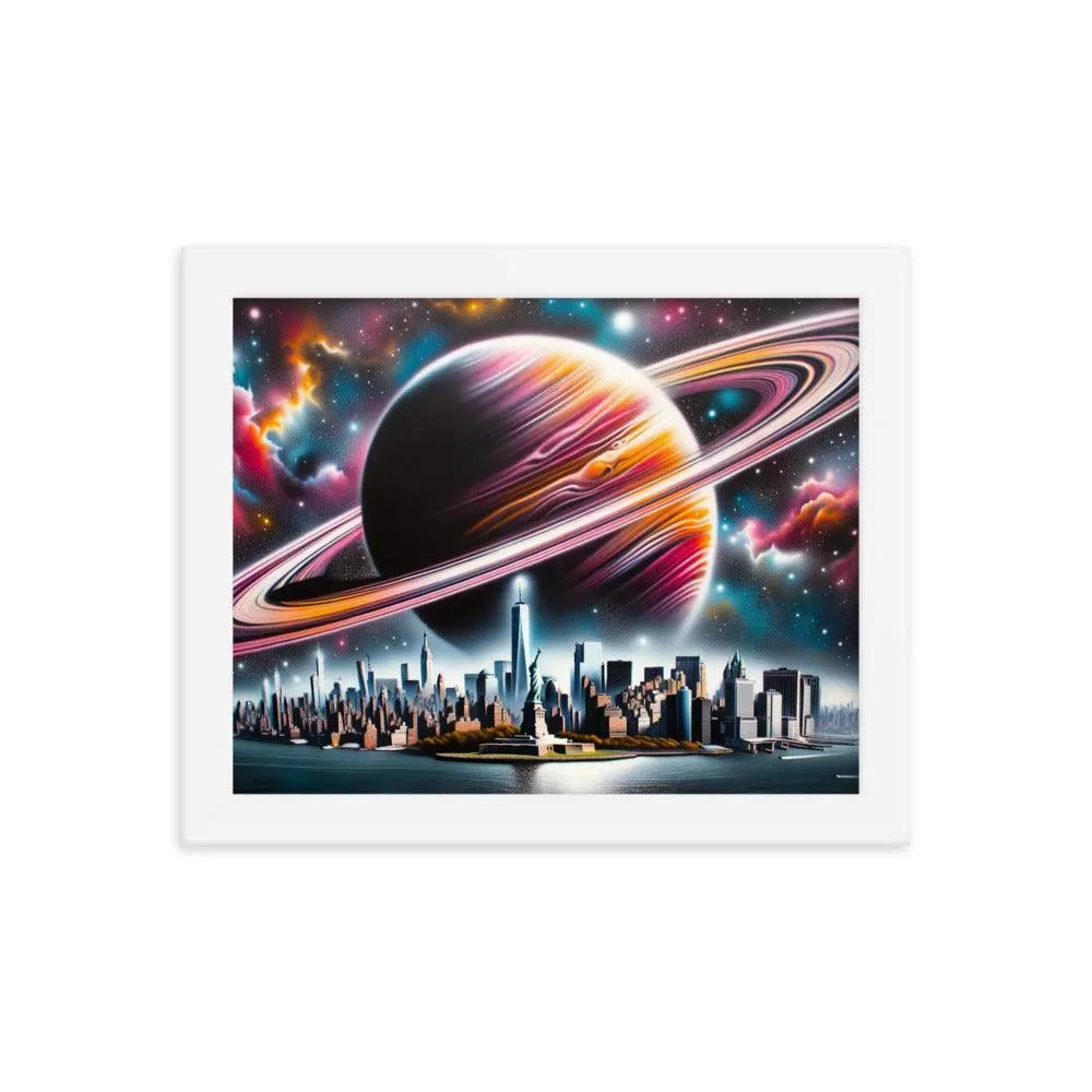 Futuristic New York City Skyline with Saturn Spray Paint Art Framed Poster - Oh Posters