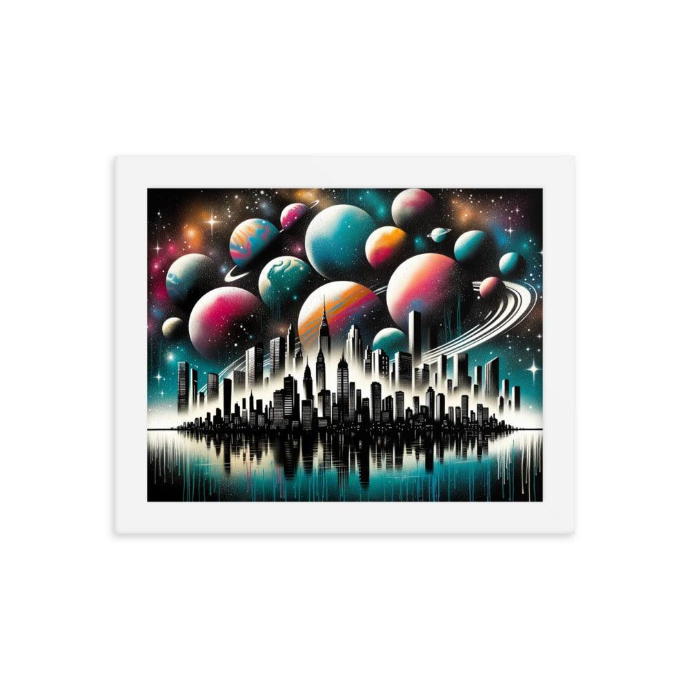 Cityscape Silhouette with Cosmic Planet Sky Spray Paint Art Framed Poster - Oh Posters