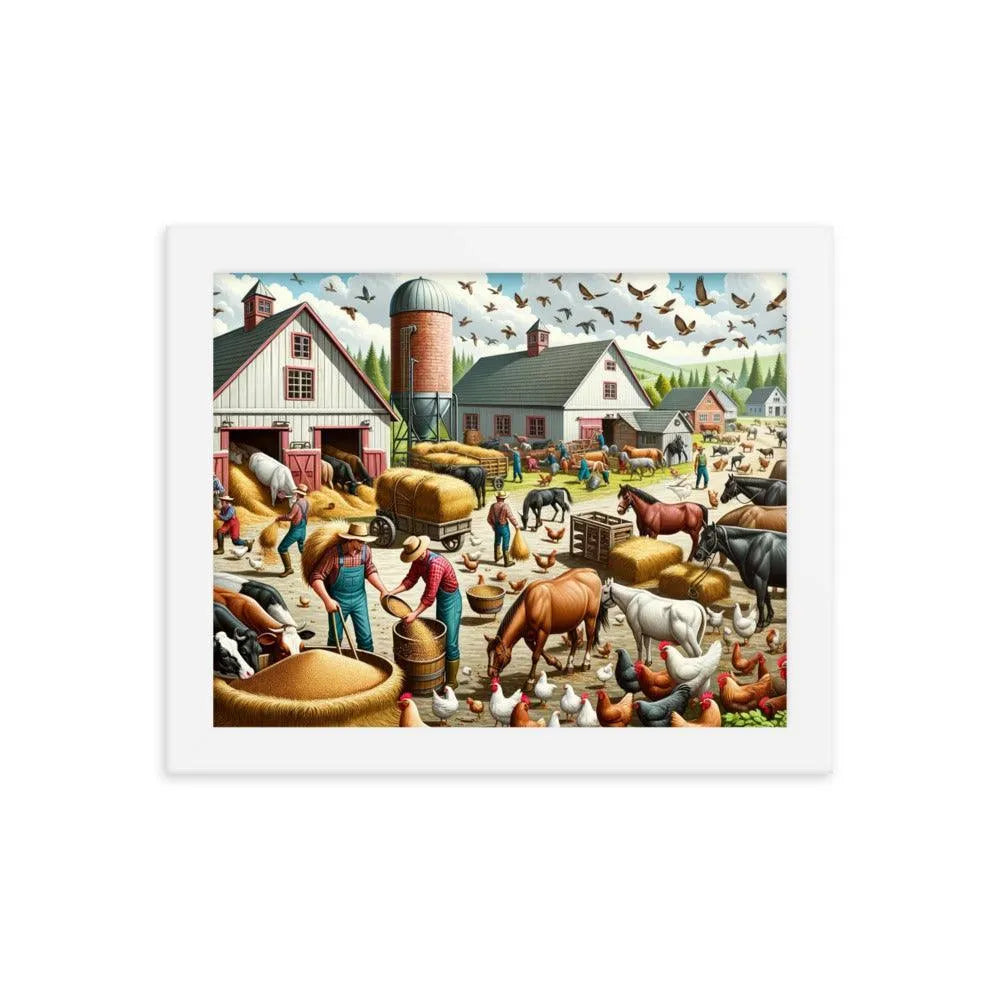 Lively Farmyard Feeding Time Illustration Framed Poster - Oh Posters