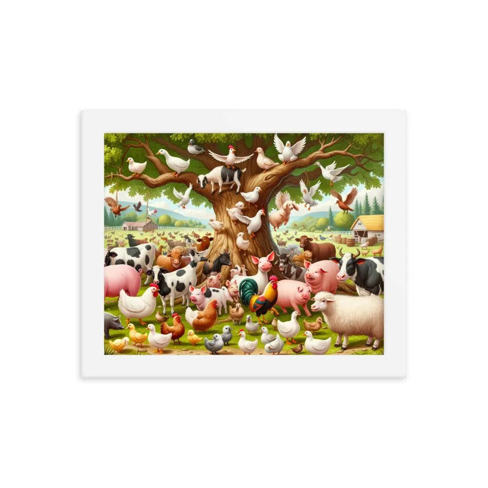 Diverse Farm Animal Gathering Illustration Framed Poster - Oh Posters