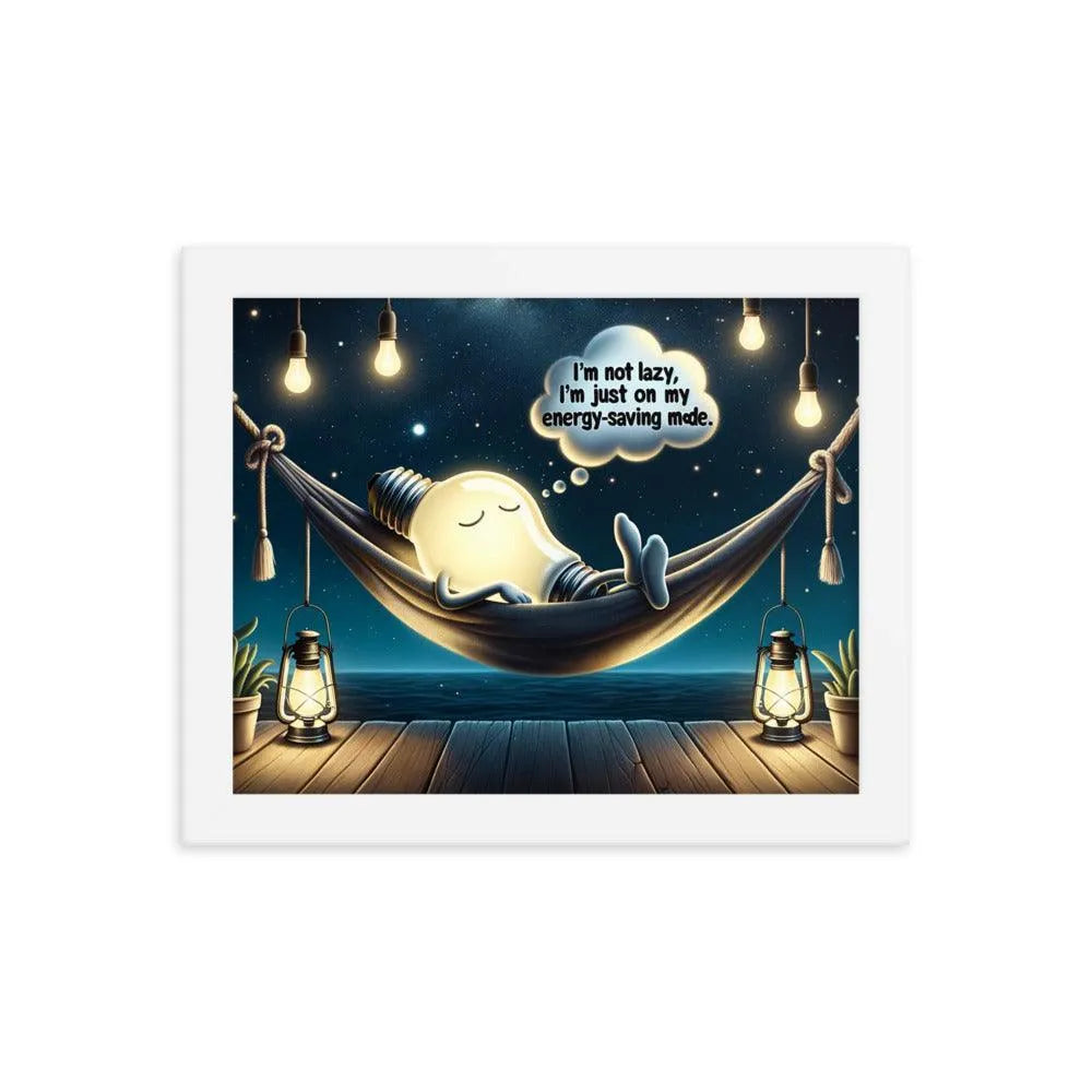 Lazy Light Bulb Energy-Saving Humor Night Illustration Framed Poster - Oh Posters