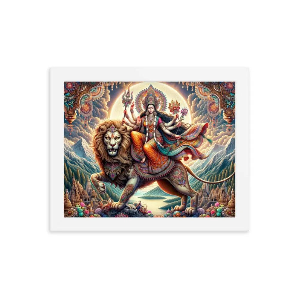 Goddess Durga on Lion Divine Hindu Art Framed Poster - Oh Posters