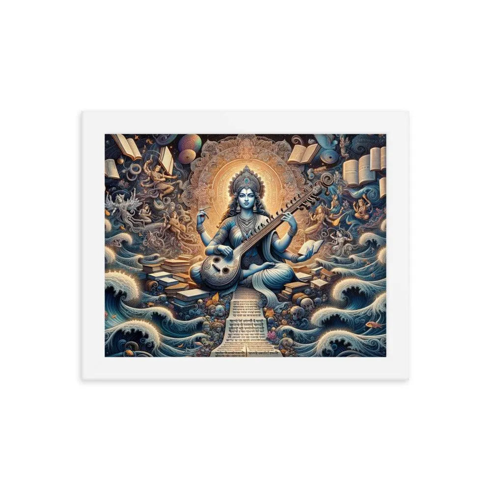 Goddess Saraswati Playing Veena amidst a Lush Landscape Hindu Artistic Framed Poster - Oh Posters