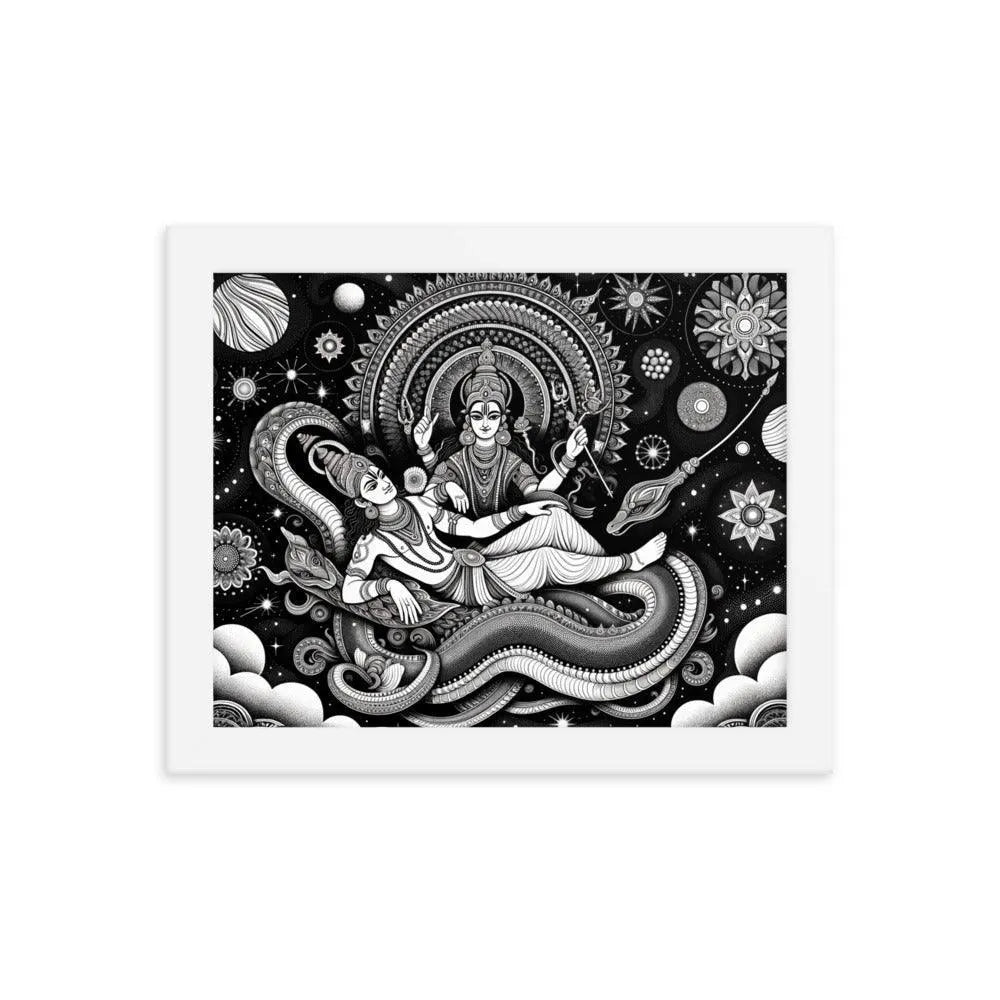 Hindu Lord Vishnu and Goddess Lakshmi Cosmic Serpent Divine Art Framed Poster - Oh Posters