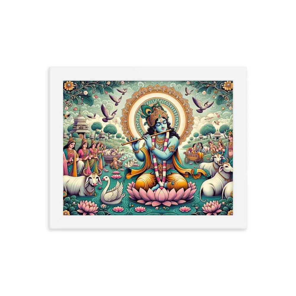 Hindu Lord Krishna Divine Flute Music Vrindavan Framed Poster - Oh Posters