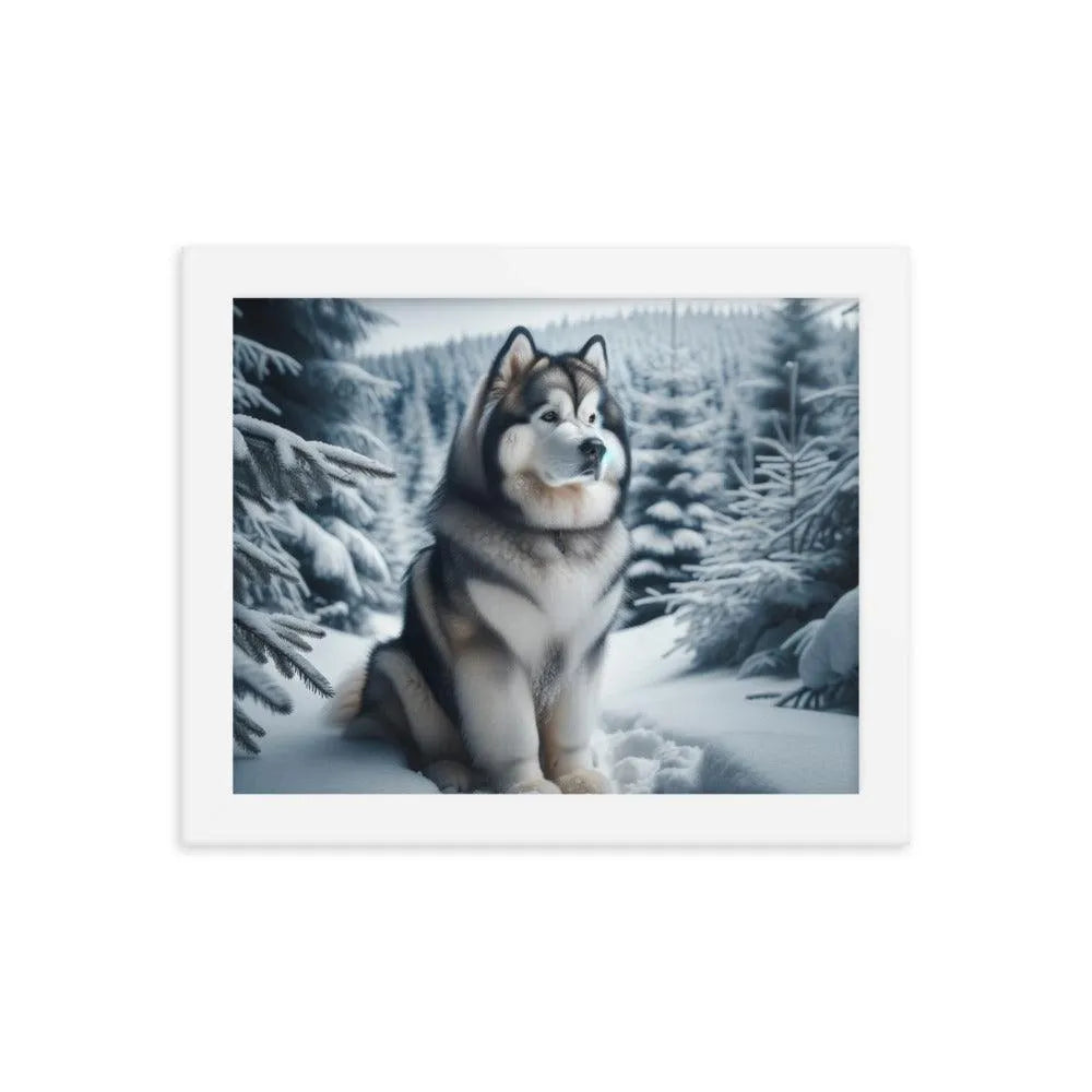 Graceful Alaskan Malamute in Wintry Forest Framed Poster - Oh Posters