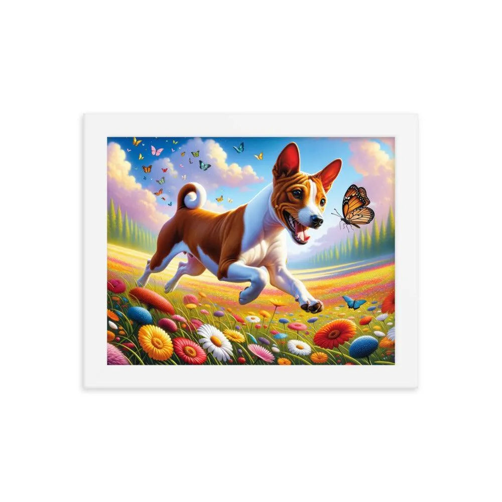 Energetic Basenji Dog Chasing Butterfly in Vibrant Meadow Landscape Framed Poster - Oh Posters