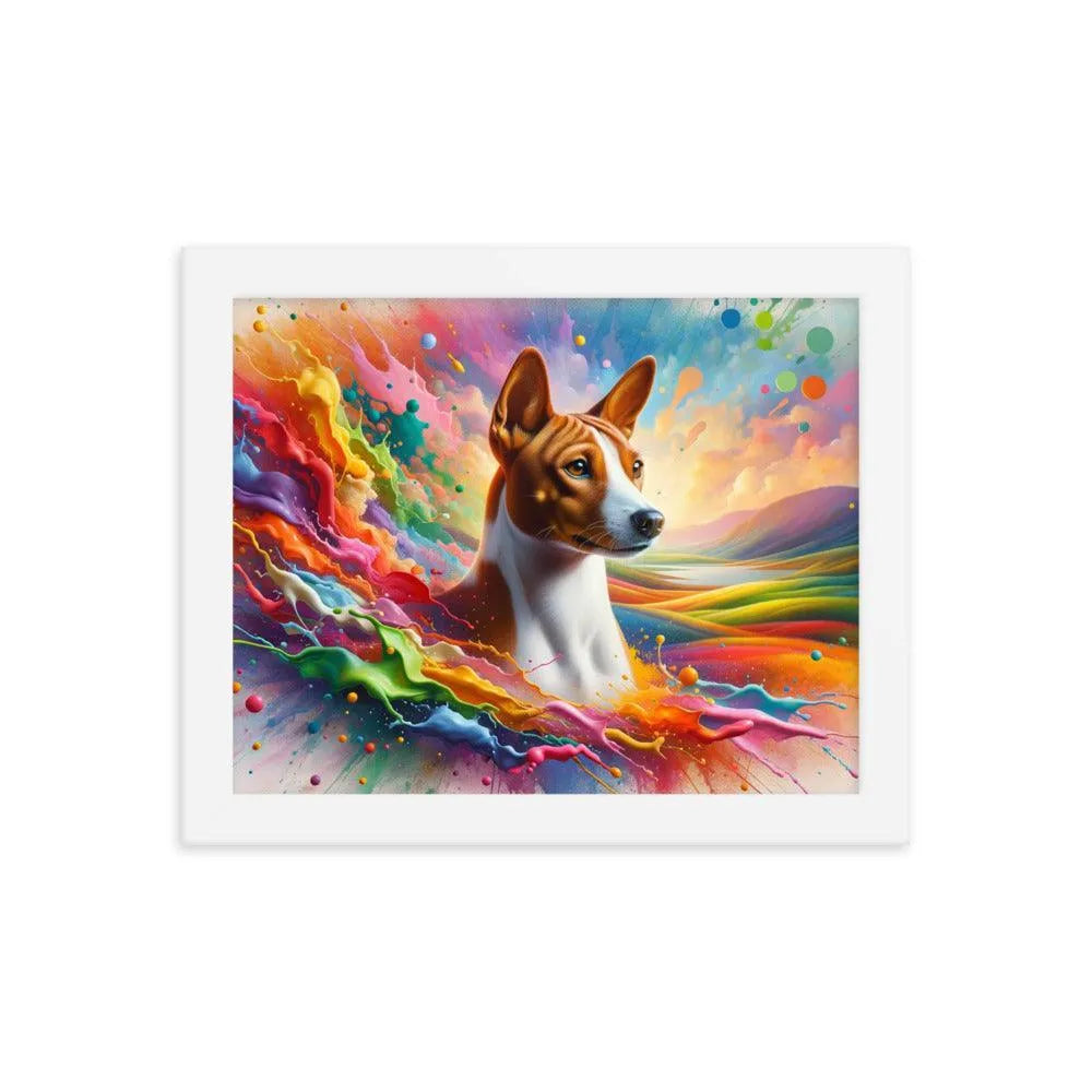 Realistic Basenji Dog Amidst Rainbow Splatter Framed Poster - Oh Posters