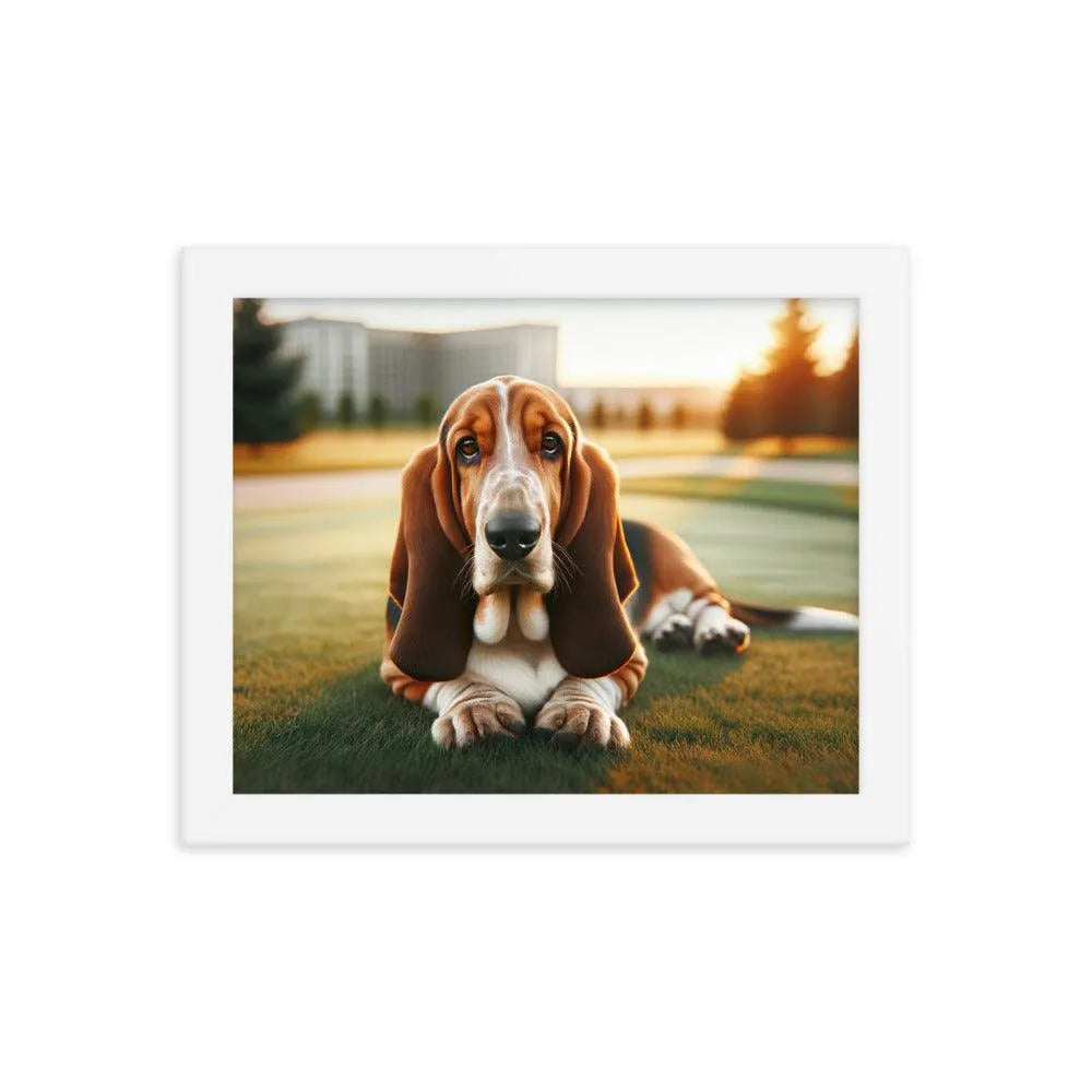 Gentle Basset Hound in Grassy Field Photo Framed Poster - Oh Posters