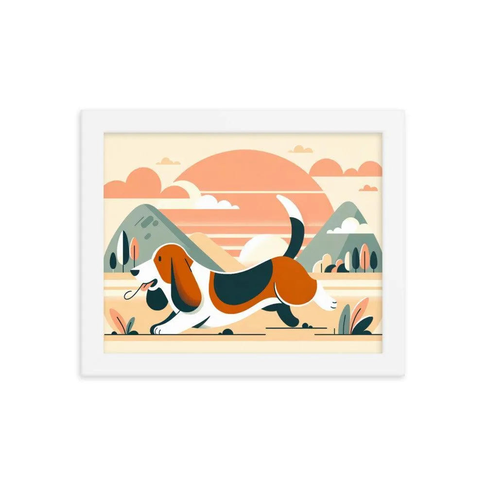 Joyful Basset Hound's Tail Chase Flat Art Framed Poster - Oh Posters