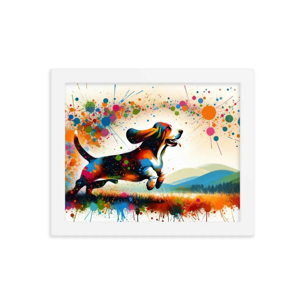 Joyful Basset Hound Playful Splatter Art Framed Poster - Oh Posters