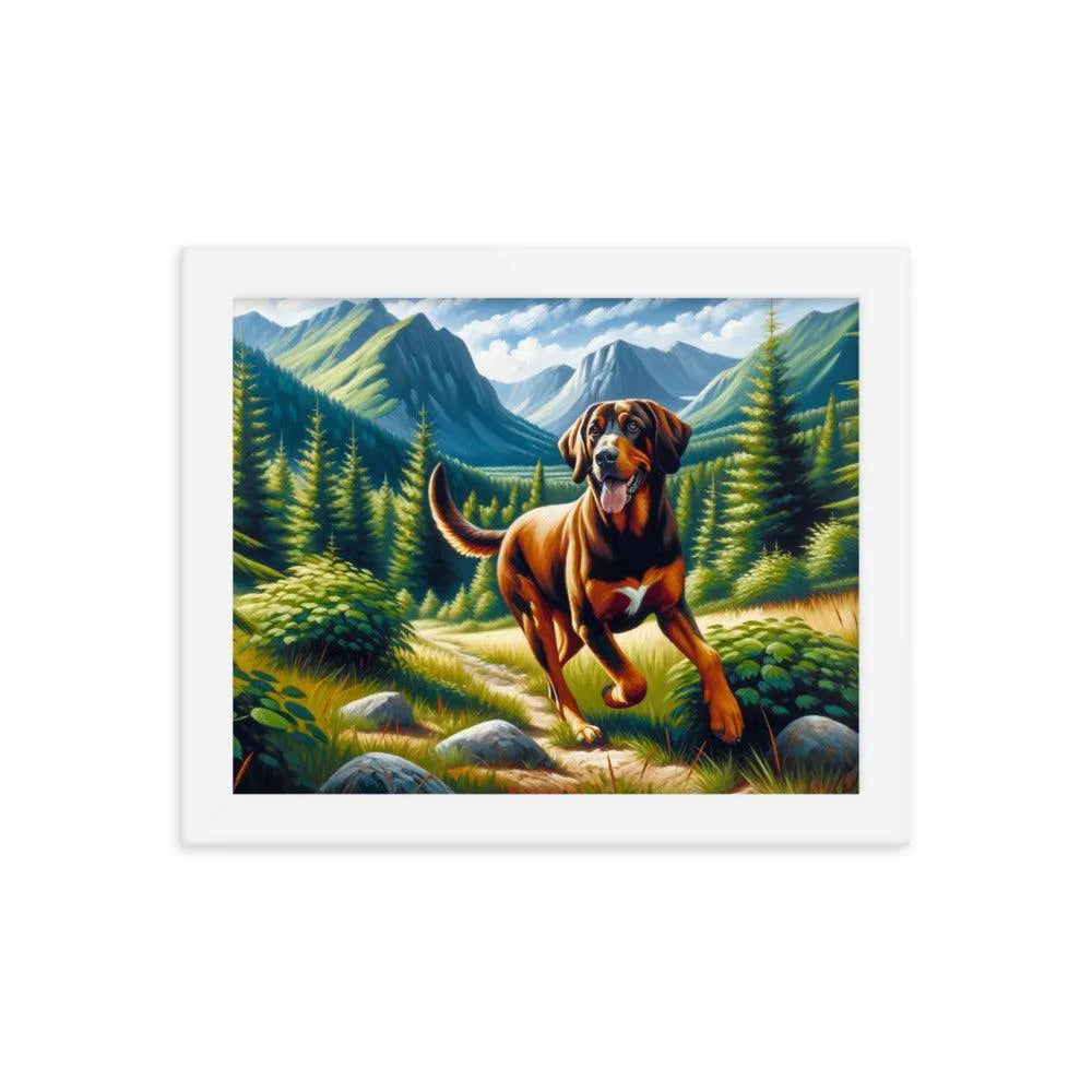 Playful Bavarian Mountain Hound in Mountain Forest Painting Framed Poster - Oh Posters