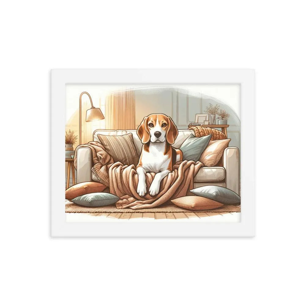 Cozy Beagle on the Couch Home Illustration Framed Poster - Oh Posters