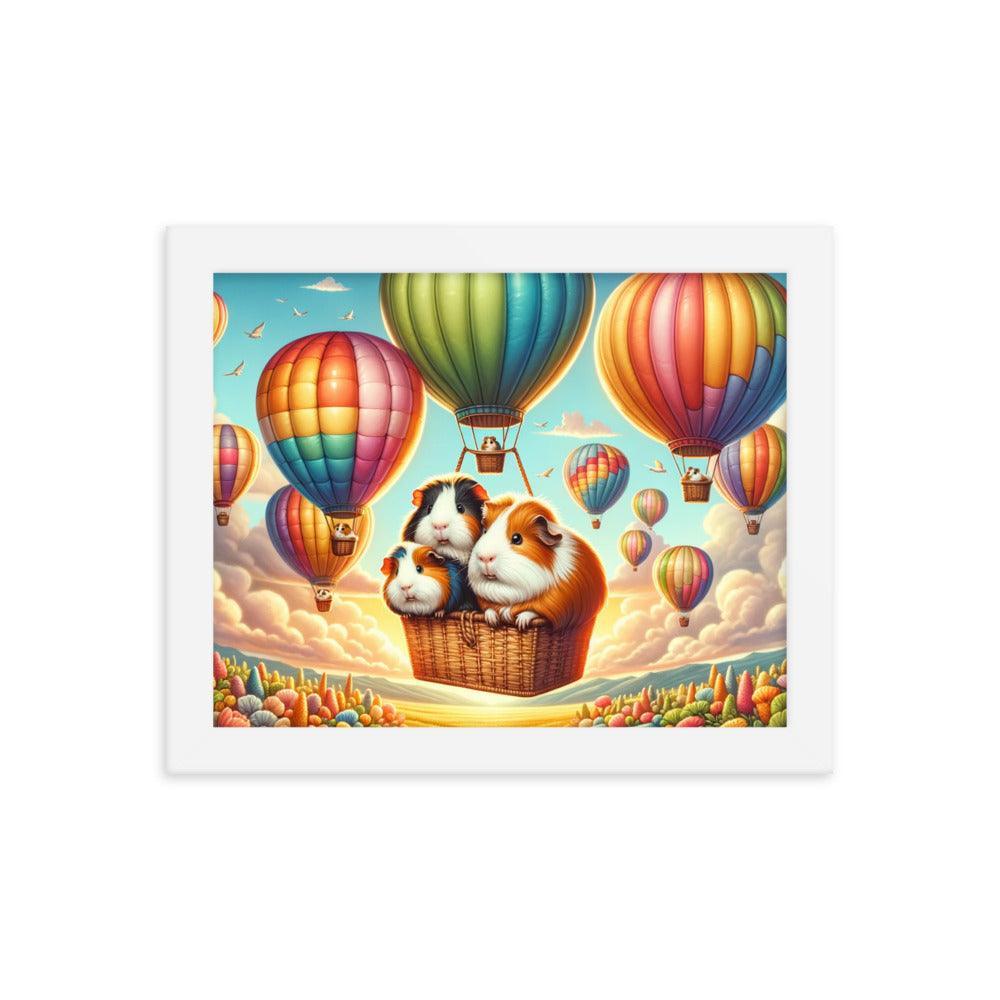 Guinea Pigs Soaring in Colorful Hot Air Balloons Illustration Framed Poster - Oh Posters