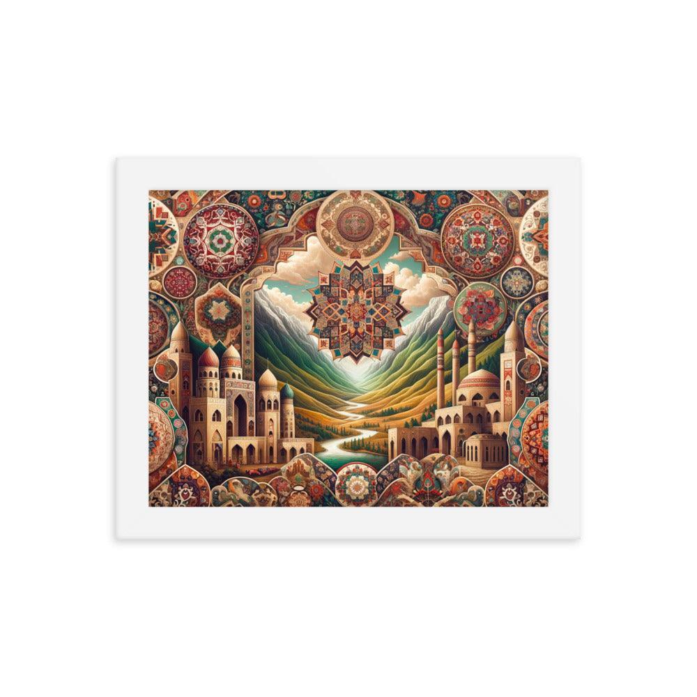 Captivating Azerbaijani Art Essence: Traditional Carpet Designs, Folkloric Symbols & Scenic Landscape Background Framed Poster - Oh Posters