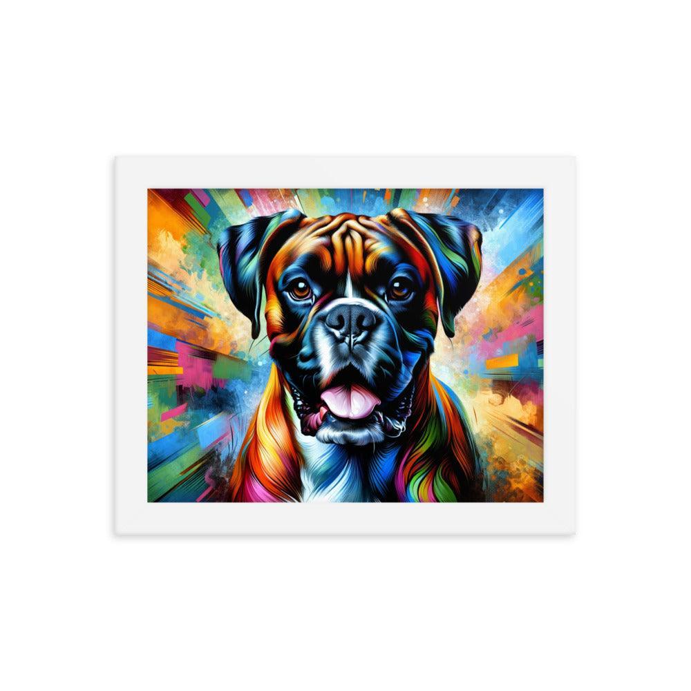 Vibrant Boxer Dog Energy in Colorful Abstract Art with Dynamic Pose Framed Poster - Oh Posters