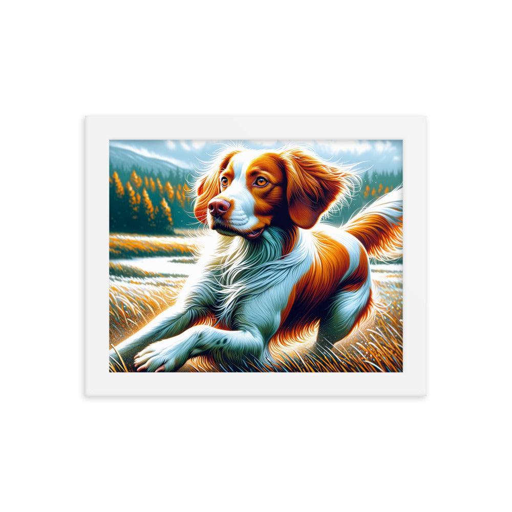 Brittany Dog in Nature Dynamic Pose with Vibrant Outdoor Scene Framed Poster - Oh Posters