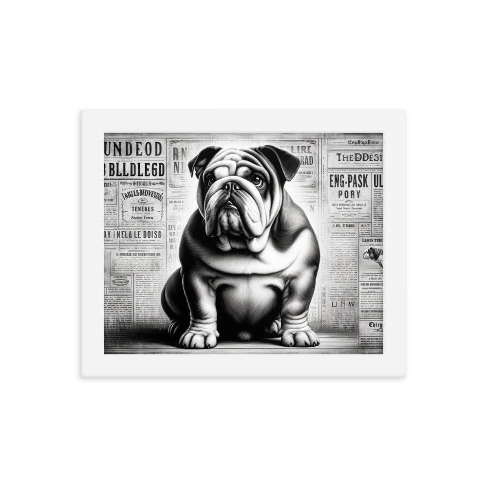 English Bulldog in Vintage Newspaper Style with Monochromatic Theme Art Framed Poster - Oh Posters