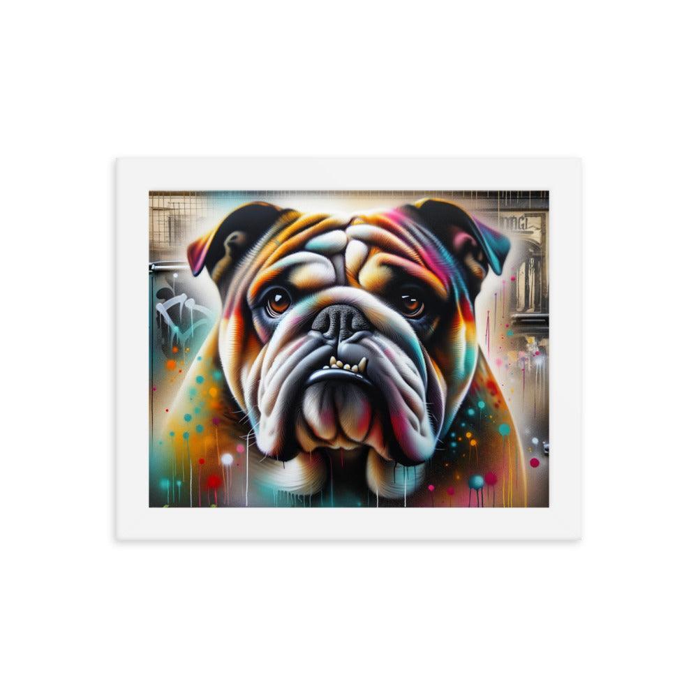 English Bulldog Graffiti Art with Vibrant Spray Paint and Urban Background Framed Poster - Oh Posters