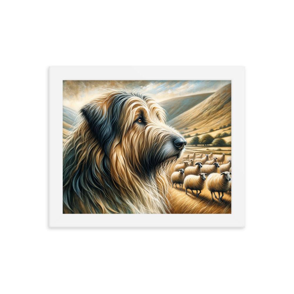 Catalan Sheepdog in Pastoral Setting with Flock and Rolling Hills Framed Poster - Oh Posters