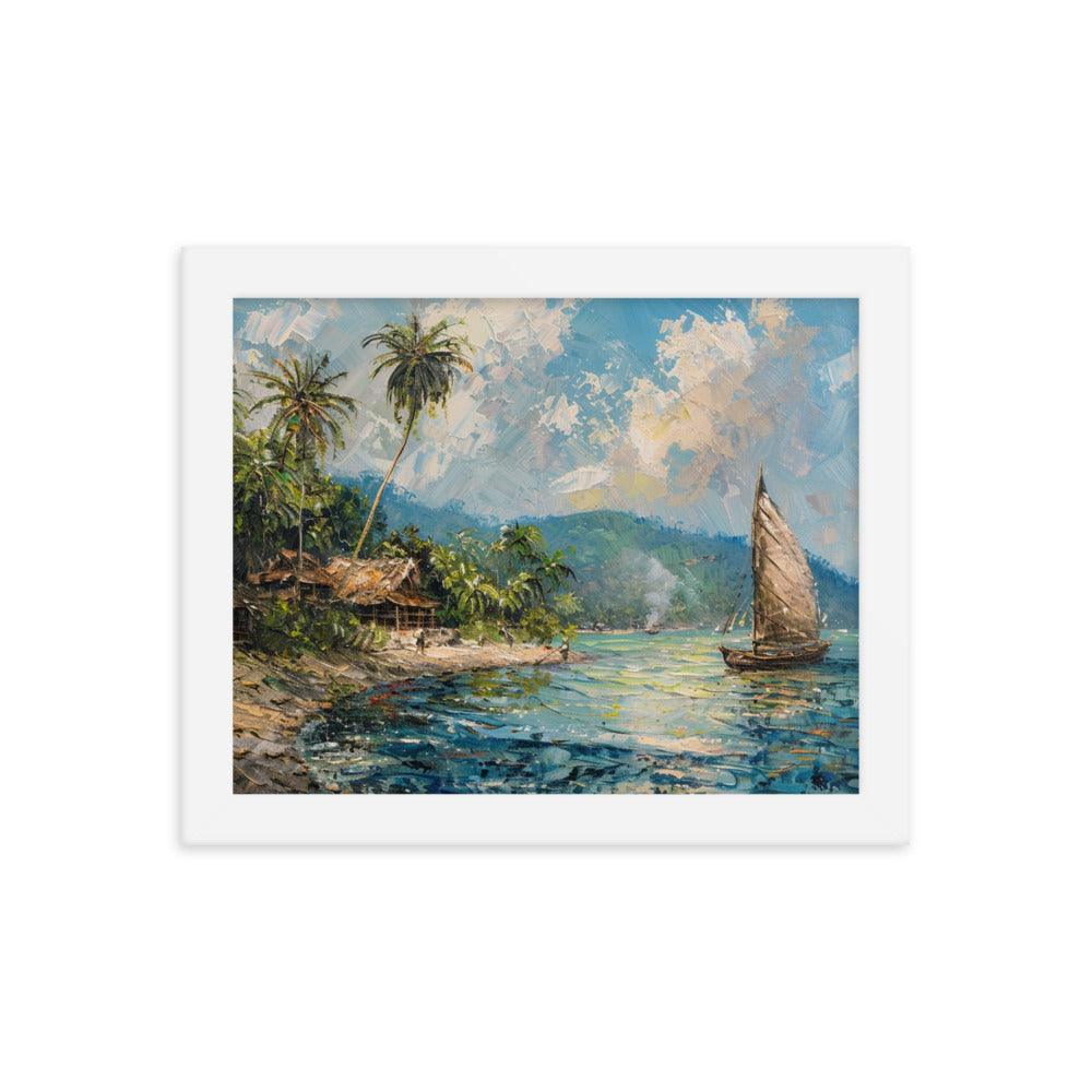 Comoros Beachside Hut and Sailboat Tropical Scene Framed Poster - Oh Posters