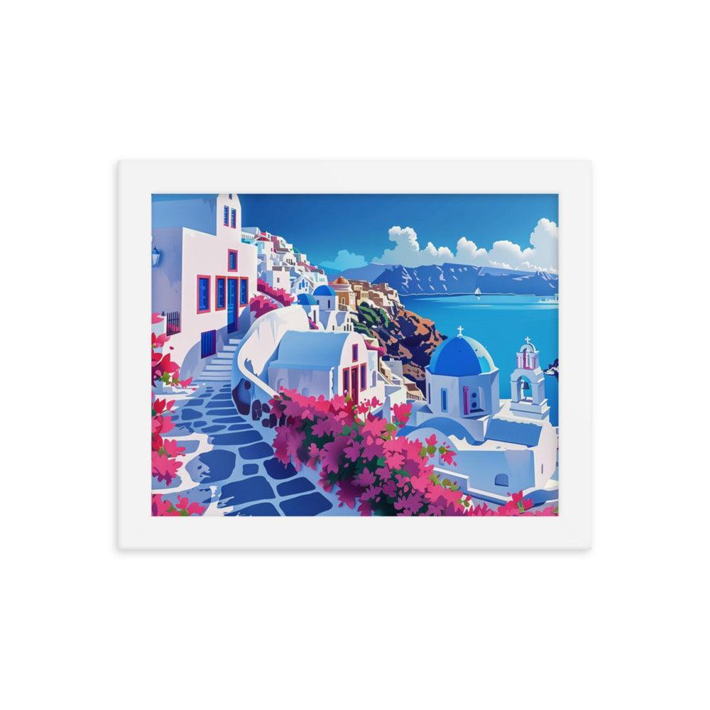 Greece Santorini Vibrant Floral Pathway Framed Poster - Oh Posters