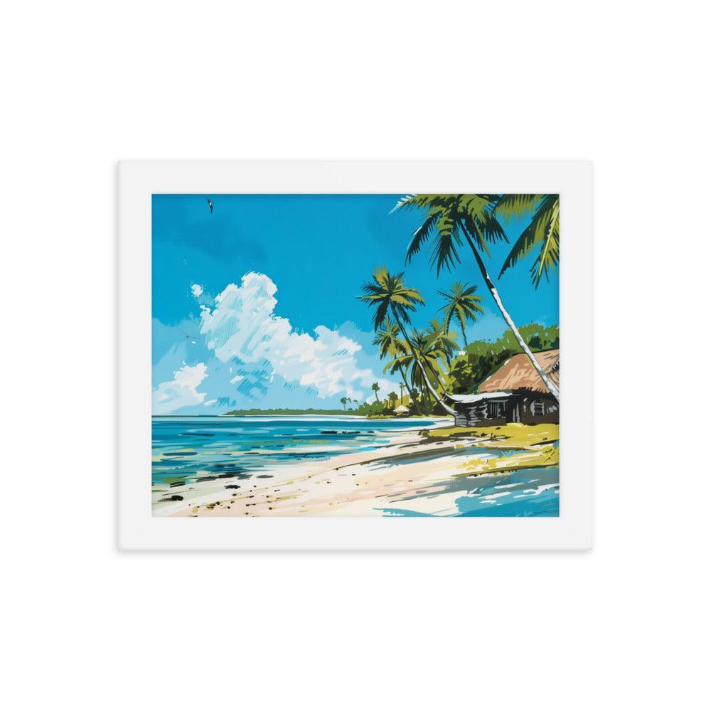 Kiribati Tropical Beach Hut Illustration Framed Poster - Oh Posters