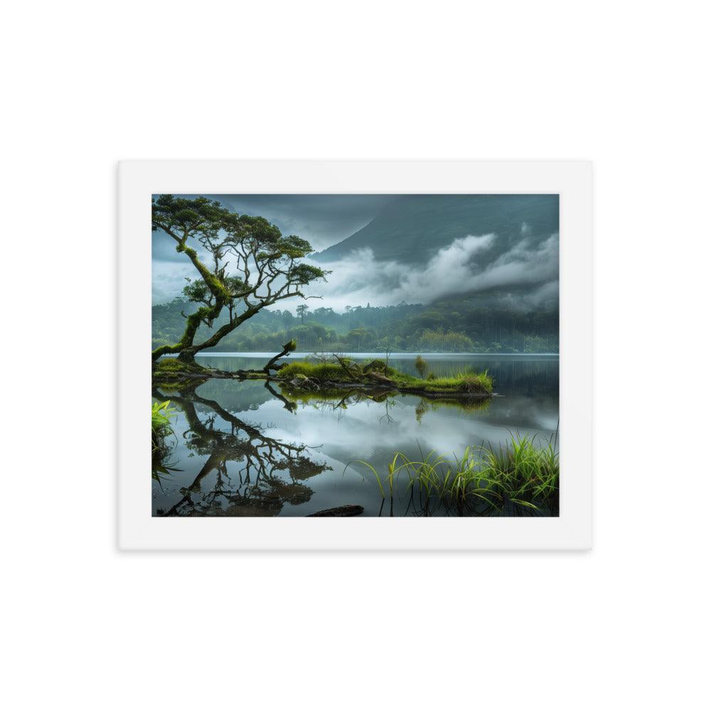 Indonesia Serene Lake Misty Mountains Framed Poster - Oh Posters