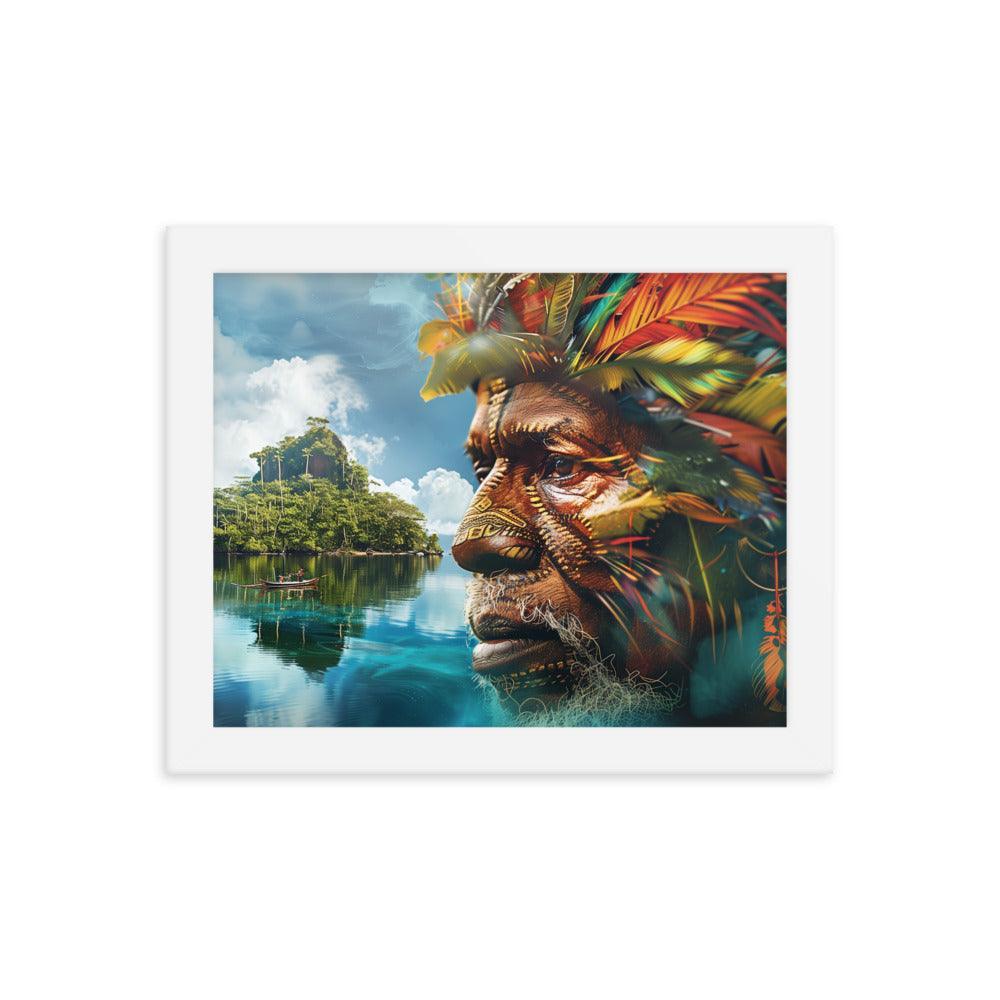 Papua New Guinea Indigenous Portrait and Island Landscape Framed Poster - Oh Posters