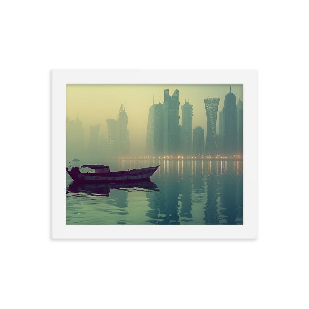 Qatar Foggy City Skyline Reflective Water Framed Poster - Oh Posters