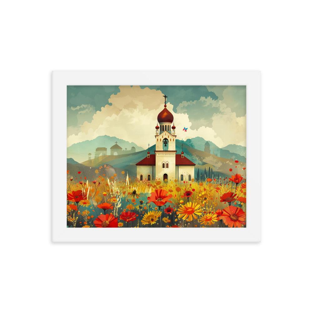 Romania Mountain Church Field of Flowers Framed Poster - Oh Posters