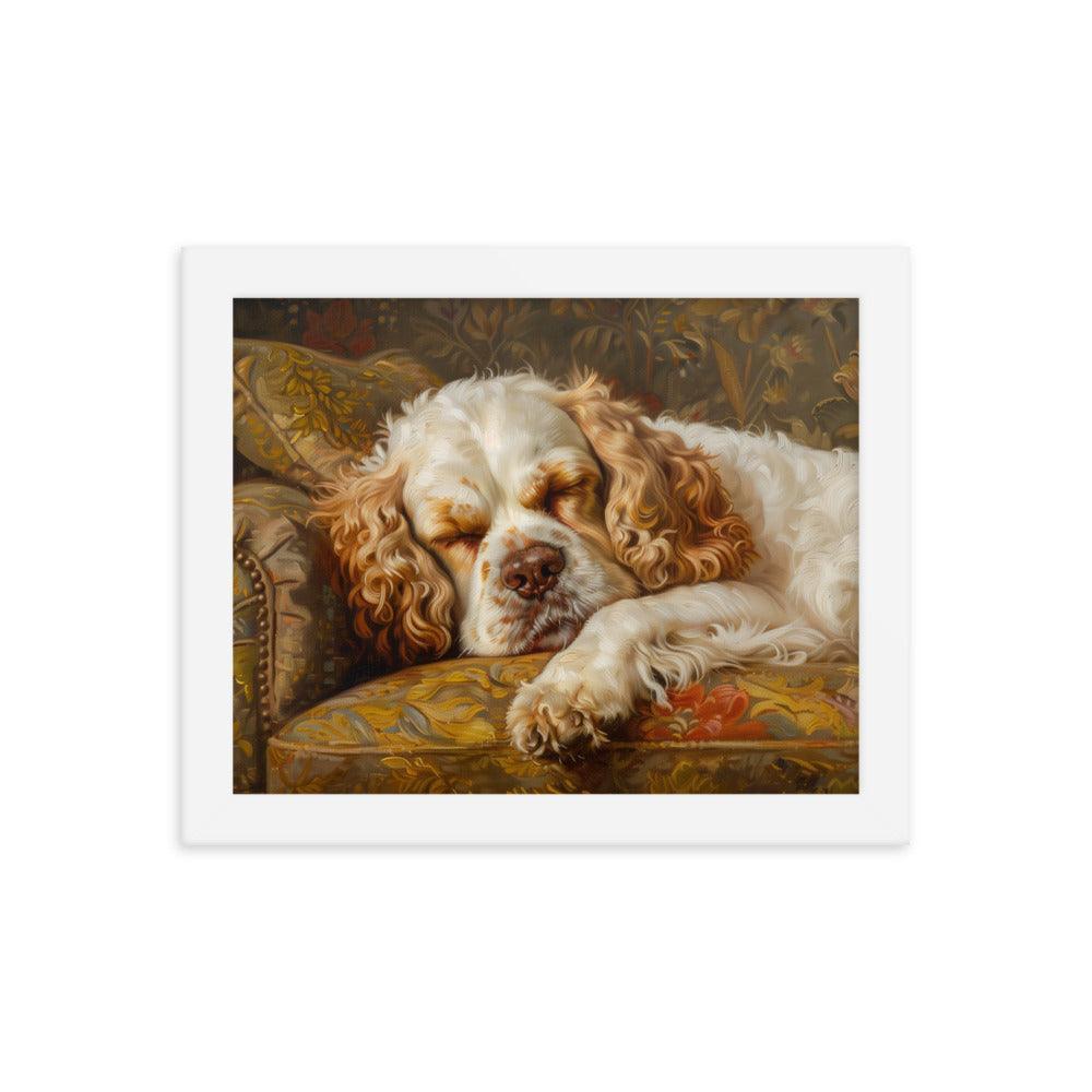 Clumber Spaniel Sleeping on Floral Sofa Painting Framed Poster - Oh Posters